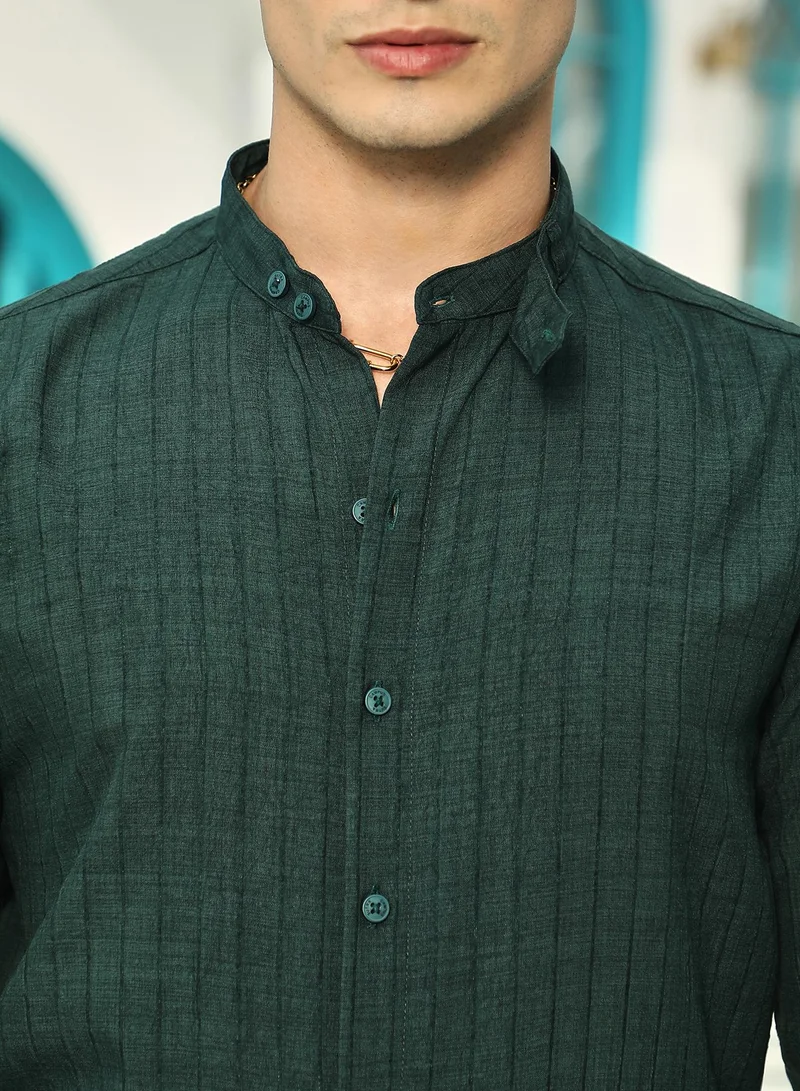 Campus Sutra Men's Emerald Green Pinstriped-Tactile Shirt