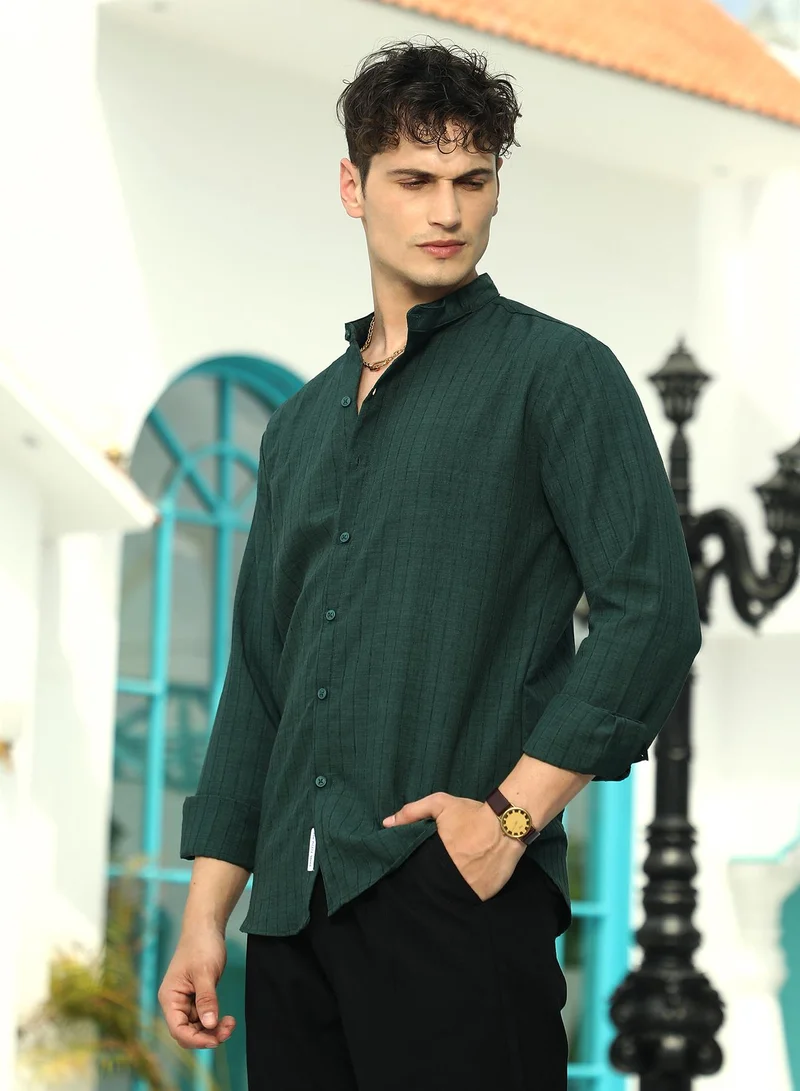 Campus Sutra Men's Emerald Green Pinstriped-Tactile Shirt