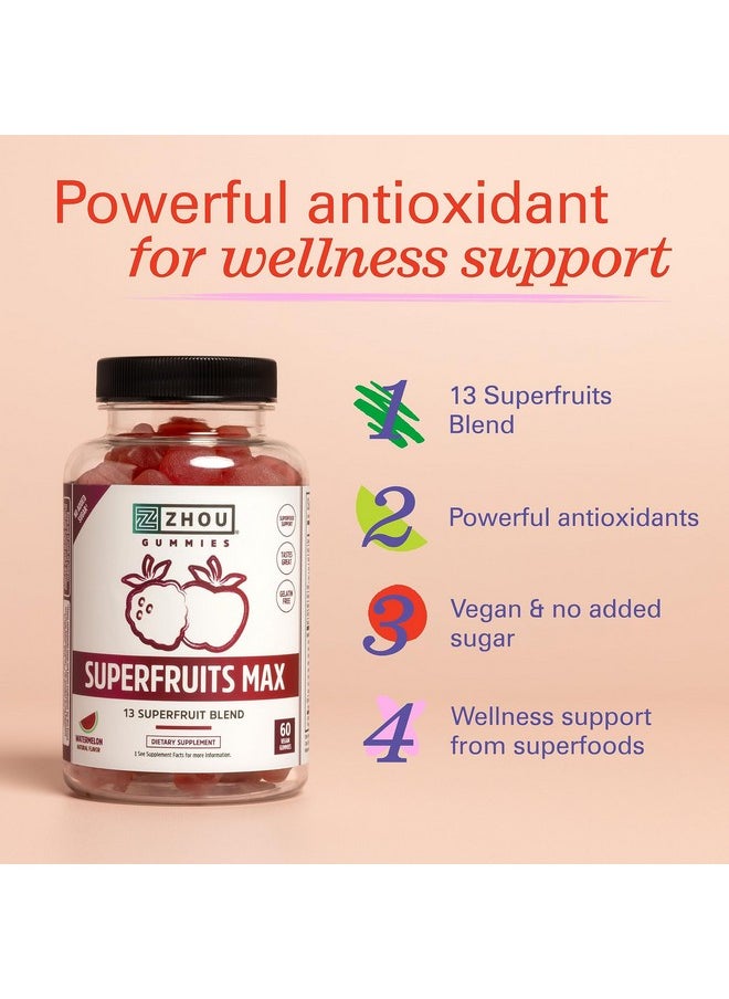 جو حلوى جيلاتينية متعددة الفيتامينات من Zhou Nutrition Superfruit، 13 فاكهة خارقة طبيعية، غنية بفيتامين A وC وE، حلوى جيلاتينية بالزنك، مكمل غذائي خارق، مناعة، هضم وطاقة، بدون سكر مضاف، 60 حلوى جيلاتينية نباتية  - Image 3