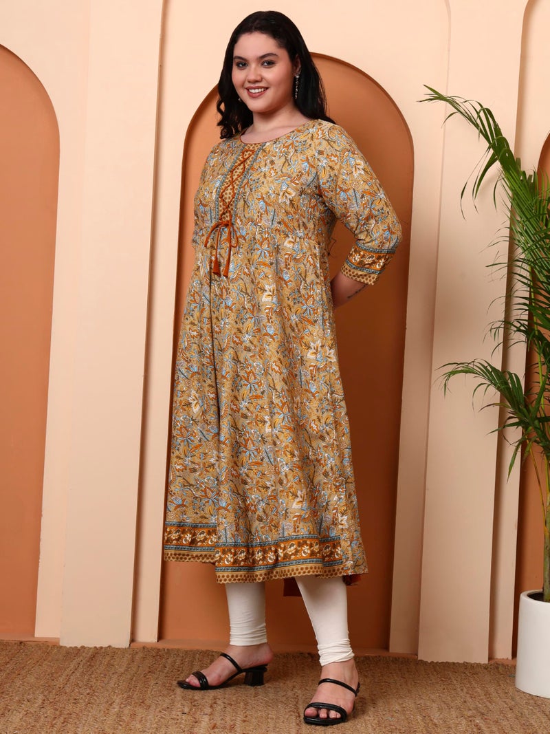 Yash Gallery Women’s Polyester 3/4 Sleeve Round Neck Floral Printed Anarkali Kurta (Beige) - Image 3