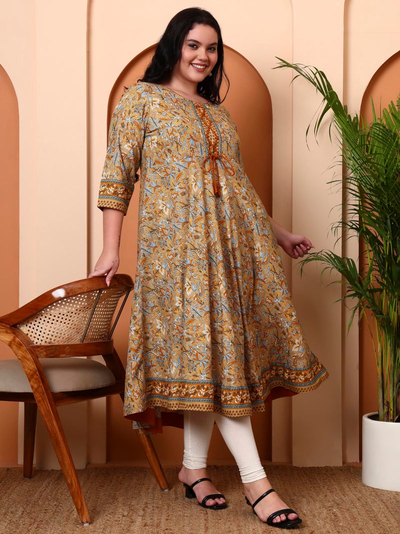 Yash Gallery Women’s Polyester 3/4 Sleeve Round Neck Floral Printed Anarkali Kurta (Beige) - Image 2