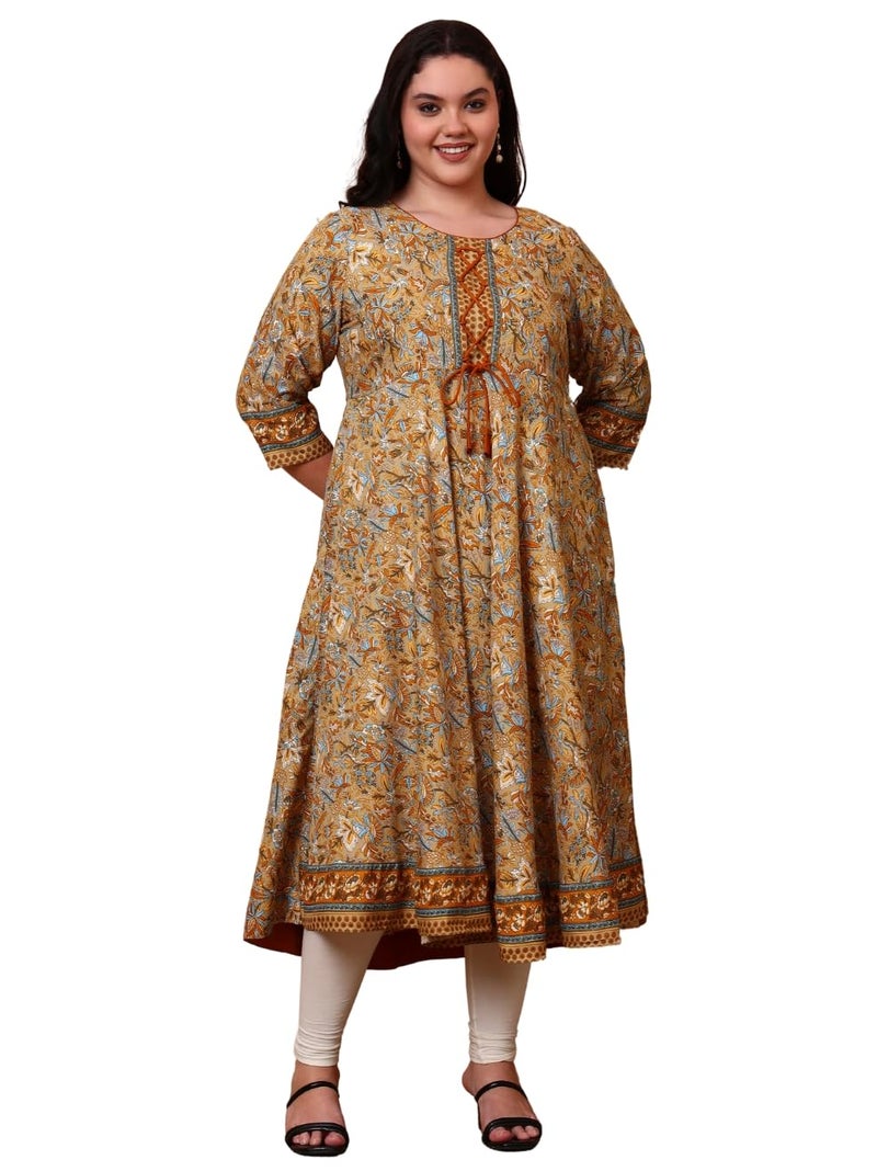 Yash Gallery Women’s Polyester 3/4 Sleeve Round Neck Floral Printed Anarkali Kurta (Beige) - Image 1