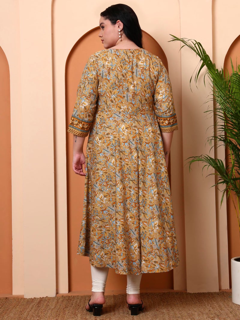 Yash Gallery Women’s Polyester 3/4 Sleeve Round Neck Floral Printed Anarkali Kurta (Beige) - Image 5