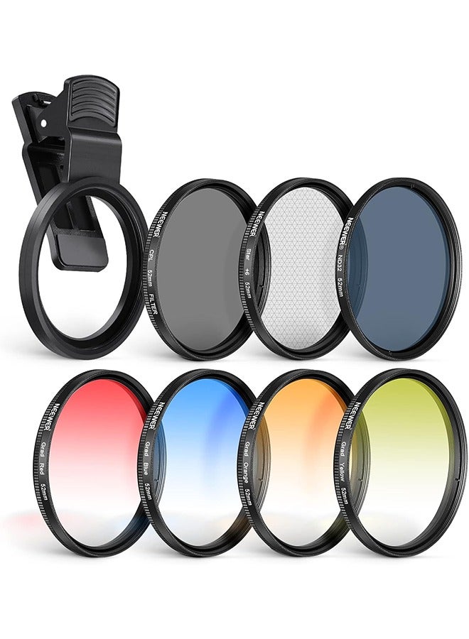 Neewer NEEWER 52 mm ND+CPL + Effect Filter Set with Mobile Phone Lens Clamp, ND32/Polarising/6 Point Star/4 Graduated Colour Filters, Compatible with iPhone 16 15 14 Pro Max Plus 13 12 11 Canon Nikon  - Image 1