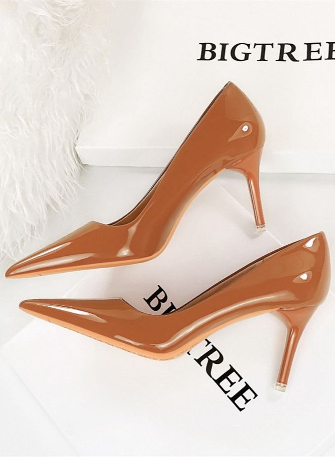 BIGTREE Glossy Patent Leather Shallow Mouth Pointed Thin High-Heeled Shoes 7.5CM Brown