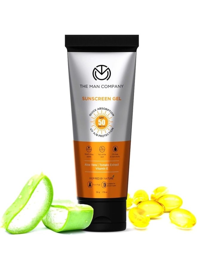 The Man Company جل واقي من الشمس خالي من الزيوت بمعامل حماية SPF 50 PA+++ للرجال - 50 جم | محمل بالصبار ومستخلص الطماطم وفيتامين هـ | حماية من الأشعة فوق البنفسجية أ/ب | لا يوجد قالب أبيض وامتصاص سريع | للبشرة الدهنية  - Image 1
