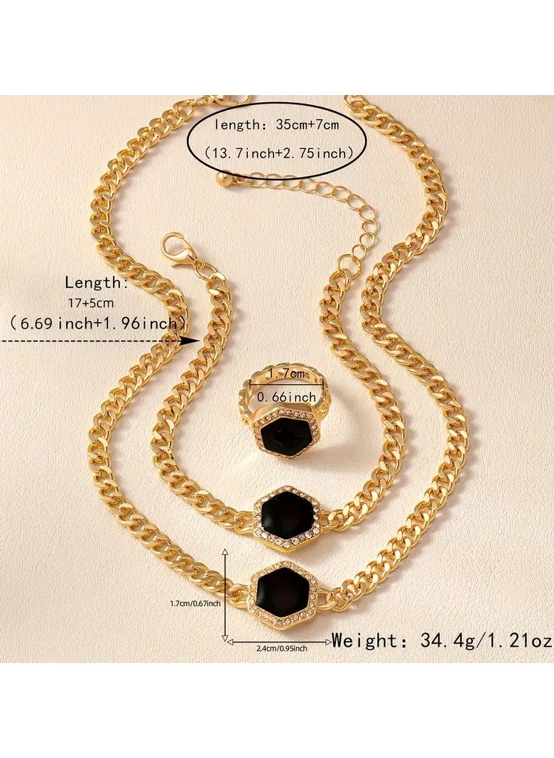 Goolsky 1 Set Of Simple Temperament Black Hexagon Pendant Necklace Ring Bracelet 3pcs Jewelry Set For Women Banquet Accessories  - Image 4
