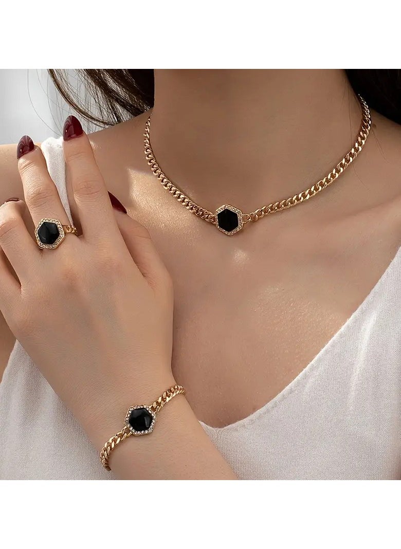 Goolsky 1 Set Of Simple Temperament Black Hexagon Pendant Necklace Ring Bracelet 3pcs Jewelry Set For Women Banquet Accessories  - Image 1