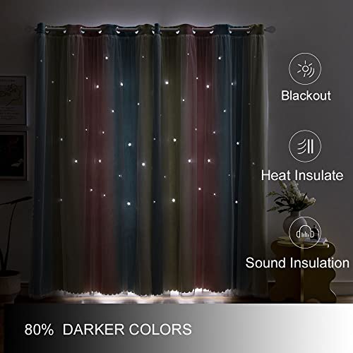 ZHUHAN Ombre Rainbow Blackout Curtains for Kid Girls Bedroom Living Room Darking Stripe Double Layer Star Cut Out Wall Home Decor Gradient Grommet Window Curtains （Pink Blue 52W x 95L - Image 3