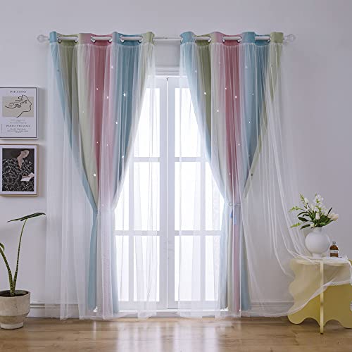 ZHUHAN Ombre Rainbow Blackout Curtains for Kid Girls Bedroom Living Room Darking Stripe Double Layer Star Cut Out Wall Home Decor Gradient Grommet Window Curtains （Pink Blue 52W x 95L - Image 5