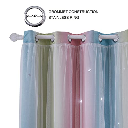 ZHUHAN Ombre Rainbow Blackout Curtains for Kid Girls Bedroom Living Room Darking Stripe Double Layer Star Cut Out Wall Home Decor Gradient Grommet Window Curtains （Pink Blue 52W x 95L - Image 2