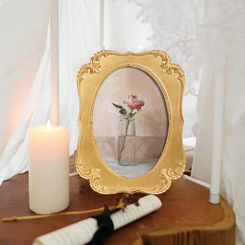 Sikoo Vintage 5x7 Gold Oval Picture Frame عتيقة زخرفة أعلى وجدار التثبيت إطار الصورة مع الجبهة الزجاجية عالية الدقة للديكور المنزلي معرض الصور الفنية القديمة الفنية - Image 4