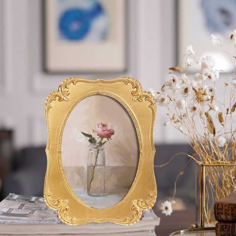 Sikoo Vintage 5x7 Gold Oval Picture Frame عتيقة زخرفة أعلى وجدار التثبيت إطار الصورة مع الجبهة الزجاجية عالية الدقة للديكور المنزلي معرض الصور الفنية القديمة الفنية - Image 5