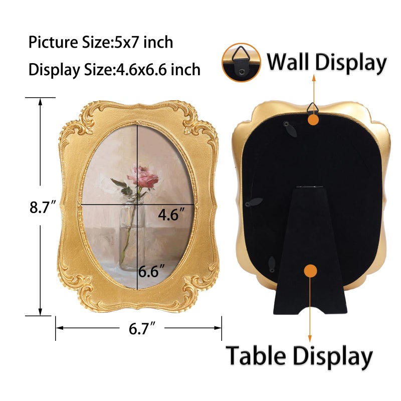 Sikoo Vintage 5x7 Gold Oval Picture Frame عتيقة زخرفة أعلى وجدار التثبيت إطار الصورة مع الجبهة الزجاجية عالية الدقة للديكور المنزلي معرض الصور الفنية القديمة الفنية - Image 3
