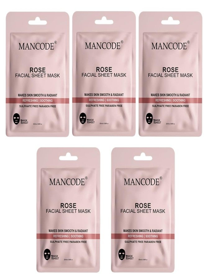 MAN CODE Mancode Rose Facial Sheet Mask 25ml Makes Skin Smooth & Radiant Refreshing Soothing Pore Reducing, Brightening and Enhances Daily Glow | Korean Sheet Mask for Men Women Set Combo Pack of 5 - Image 1