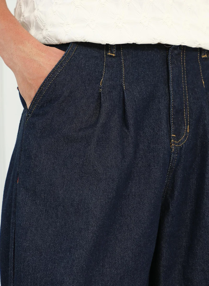 Campus Sutra Campus Sutra Men's Navy Blue Dark-Wash Pleated Denim Jeans | Relaxed Fit Mid Rise Solid Pattern | Premium 100% Cotton Woven Fabric & Indigo Wash | Casual & Streetwear Style