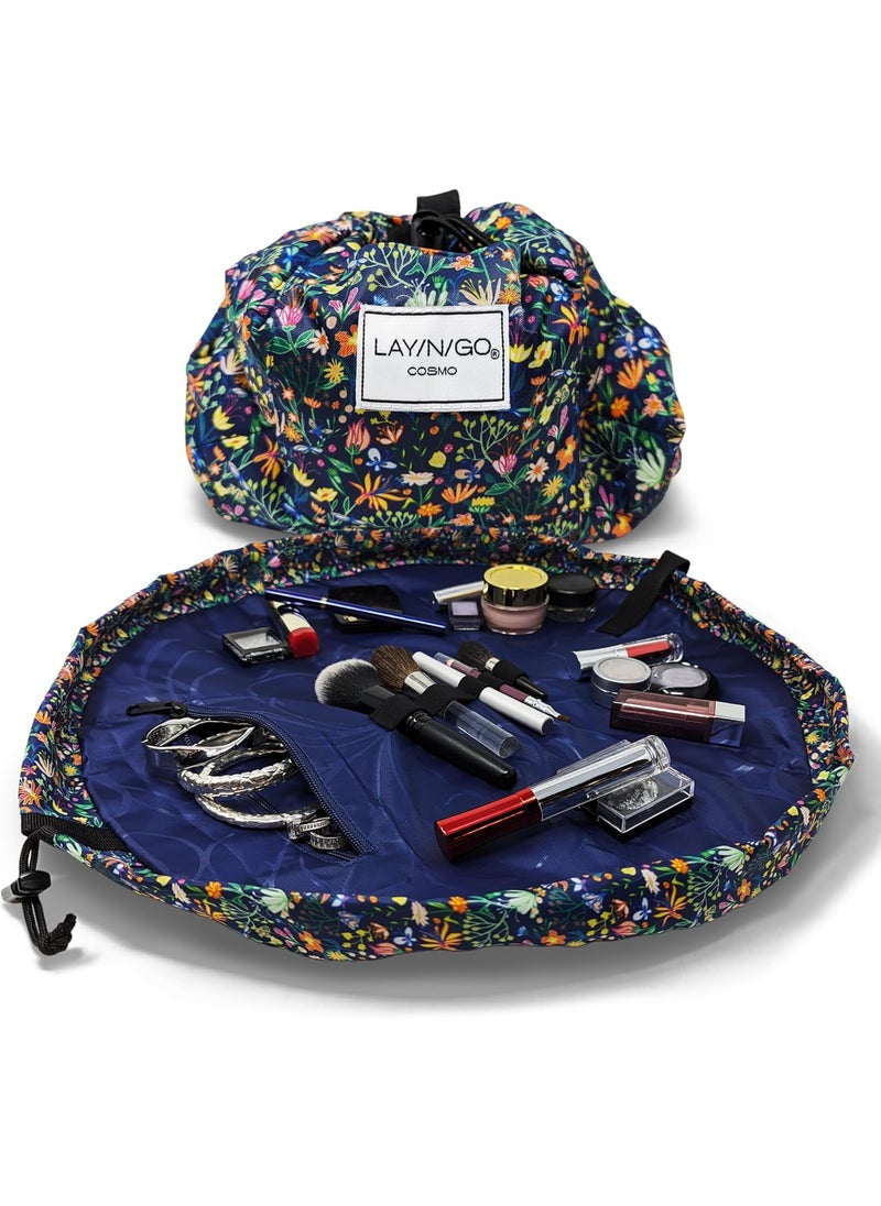 Lay-n-Go Lay-n-Go Cosmo Drawstring Cosmetic & Makeup Bag Organizer - Portable Makeup Bag w/Zipper Pocket, Loops & More - Durable, Machine Washable for Travel (20', Butterfly Small Floral) 