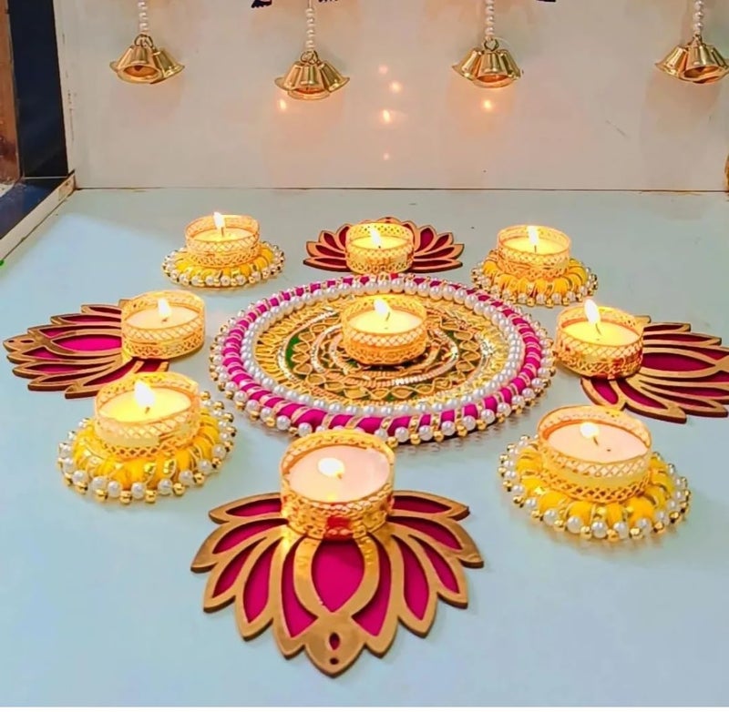 Urban Turtle Urban Turtle Home Decorative Lotus Rangoli Lotus Diya Set Corporate Gift Diwali Gift Diya for Puja Home Decor Light Navratri Puja Christmas Candle New Year Candle Set of 9 
