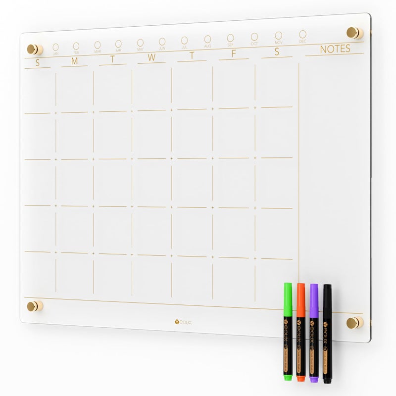 YEOUX Clear Glass Monthly Dry Erase Calendar Non-Magnetic Whiteboard for Wall, 17" x 23", Frameless Large Monthly Menu Planner White Board for Home Kitchen & Office, 4 Markers Included, Yeoux - Image 1