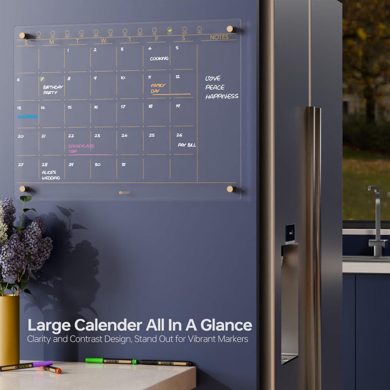 YEOUX Clear Glass Monthly Dry Erase Calendar Non-Magnetic Whiteboard for Wall, 17" x 23", Frameless Large Monthly Menu Planner White Board for Home Kitchen & Office, 4 Markers Included, Yeoux - Image 3