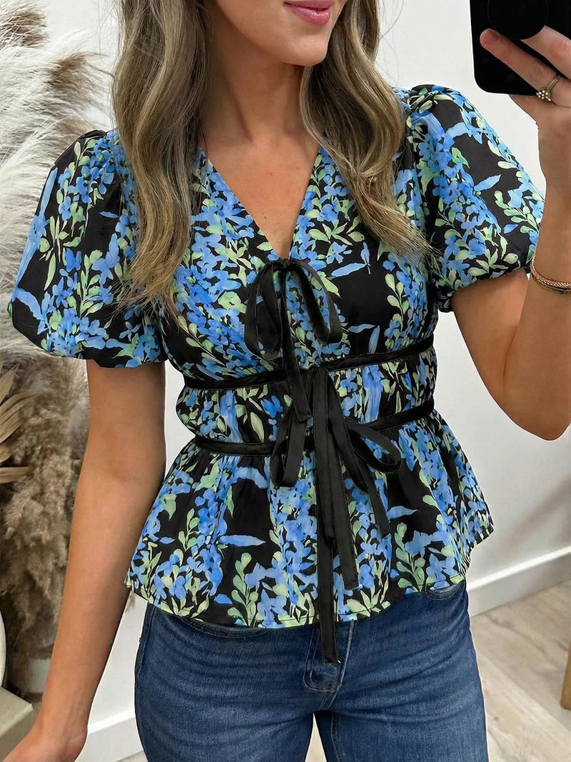 Cicy Bell Womens Puff Sleeve Tie Front Tops Summer Babydoll Peplum V Neck Blouse Casual Dressy Pleated Floral Print Shirts - Image 2