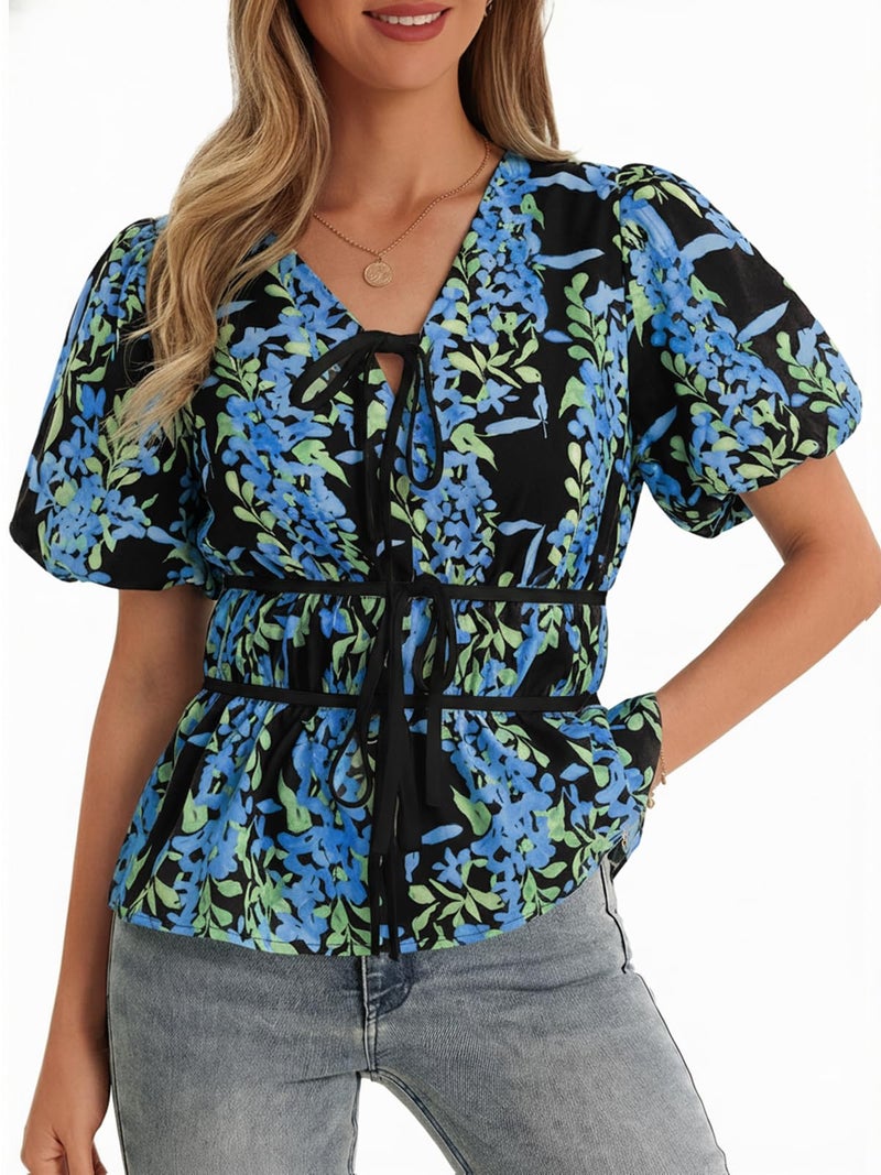 Cicy Bell Womens Puff Sleeve Tie Front Tops Summer Babydoll Peplum V Neck Blouse Casual Dressy Pleated Floral Print Shirts - Image 1