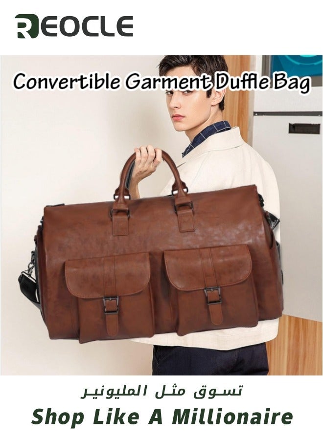 REOCLE Travel Bag Carry On Garment Bag Convertible Garment Waterproof  Large PU Leather Duffel Bag with Shoe Pouch 2 in 1 Hanging Suitcase Suit Travel Duffel Overnight Bags for Men & Women Black  - Image 2