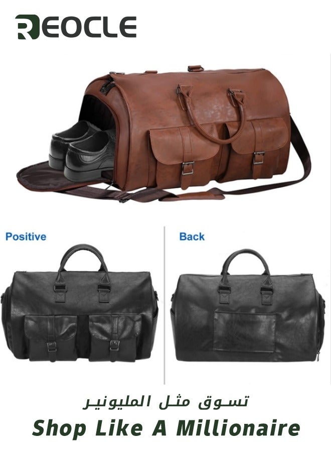 REOCLE Travel Bag Carry On Garment Bag Convertible Garment Waterproof  Large PU Leather Duffel Bag with Shoe Pouch 2 in 1 Hanging Suitcase Suit Travel Duffel Overnight Bags for Men & Women Black  - Image 3