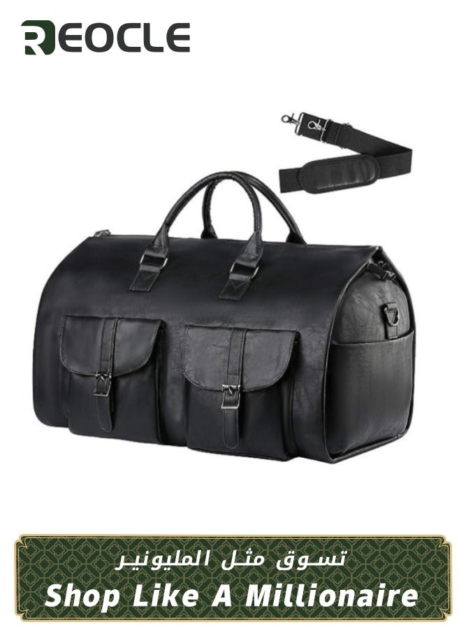 REOCLE Travel Bag Carry On Garment Bag Convertible Garment Waterproof  Large PU Leather Duffel Bag with Shoe Pouch 2 in 1 Hanging Suitcase Suit Travel Duffel Overnight Bags for Men & Women Black  - Image 1