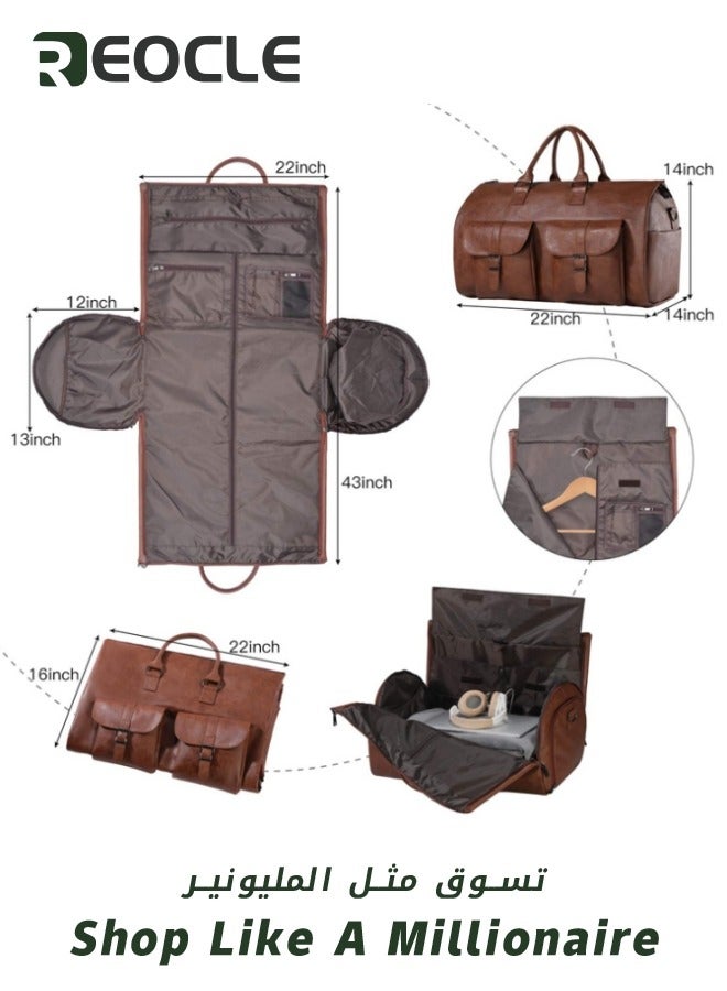 REOCLE Travel Bag Carry On Garment Bag Convertible Garment Waterproof  Large PU Leather Duffel Bag with Shoe Pouch 2 in 1 Hanging Suitcase Suit Travel Duffel Overnight Bags for Men & Women Black  - Image 4