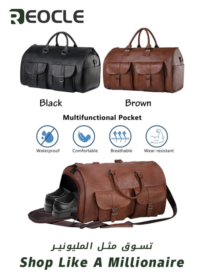 REOCLE Travel Bag Carry On Garment Bag Convertible Garment Waterproof  Large PU Leather Duffel Bag with Shoe Pouch 2 in 1 Hanging Suitcase Suit Travel Duffel Overnight Bags for Men & Women Black  - Image 5
