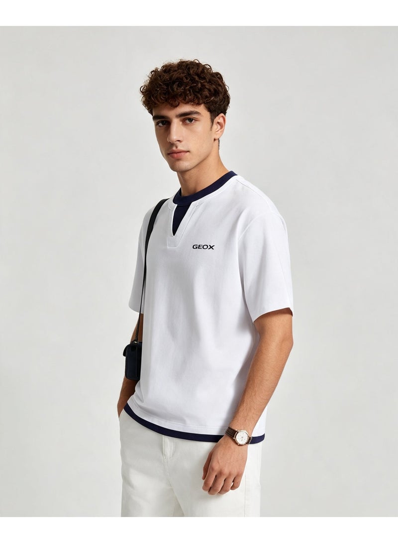 GEOX White Unisex Fake Two Pieces Notch Neck Short Sleeve T-Shirt Loose Casual Daily Couple Top - Image 1