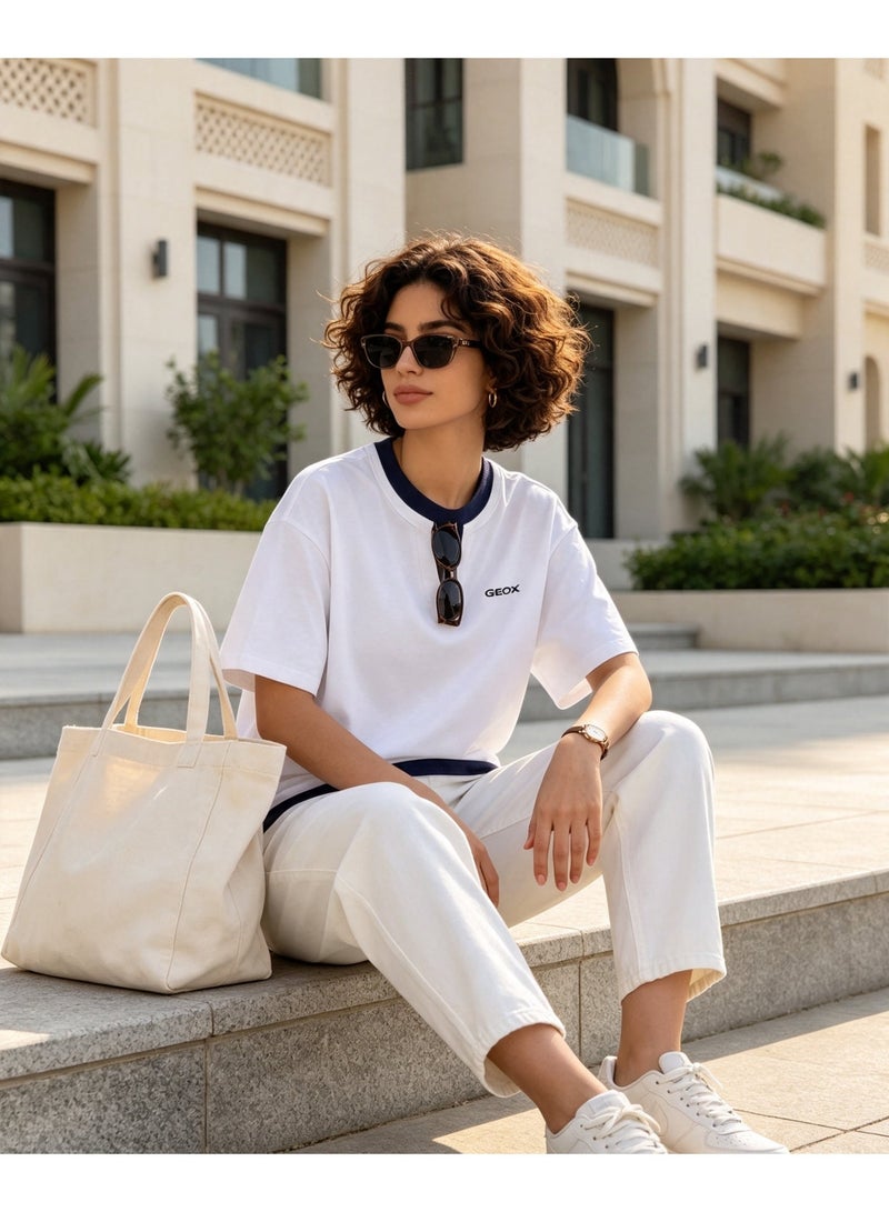GEOX White Unisex Fake Two Pieces Notch Neck Short Sleeve T-Shirt Loose Casual Daily Couple Top - Image 3