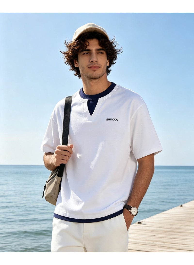 GEOX White Unisex Fake Two Pieces Notch Neck Short Sleeve T-Shirt Loose Casual Daily Couple Top - Image 4