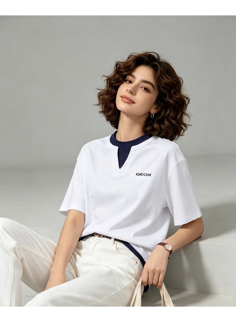 GEOX White Unisex Fake Two Pieces Notch Neck Short Sleeve T-Shirt Loose Casual Daily Couple Top - Image 5