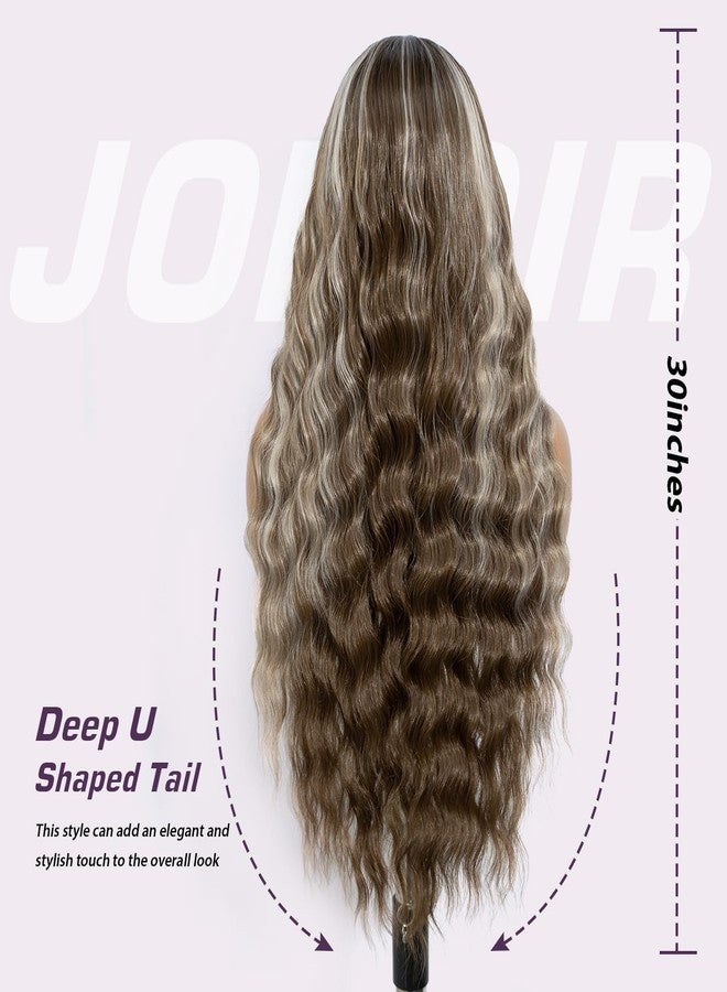 Joedir 28" Long Wavy 13x4 Glueless HD Lacefrontal Wigs Pre Plucked Natural Hairline High Temperature Synthetic Front Wigs For Women(Honey Blonde Highlight Color) - Image 5