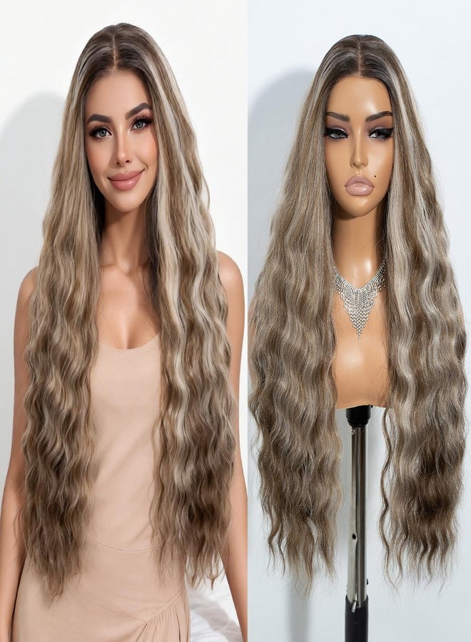 Joedir 28" Long Wavy 13x4 Glueless HD Lacefrontal Wigs Pre Plucked Natural Hairline High Temperature Synthetic Front Wigs For Women(Honey Blonde Highlight Color) - Image 1
