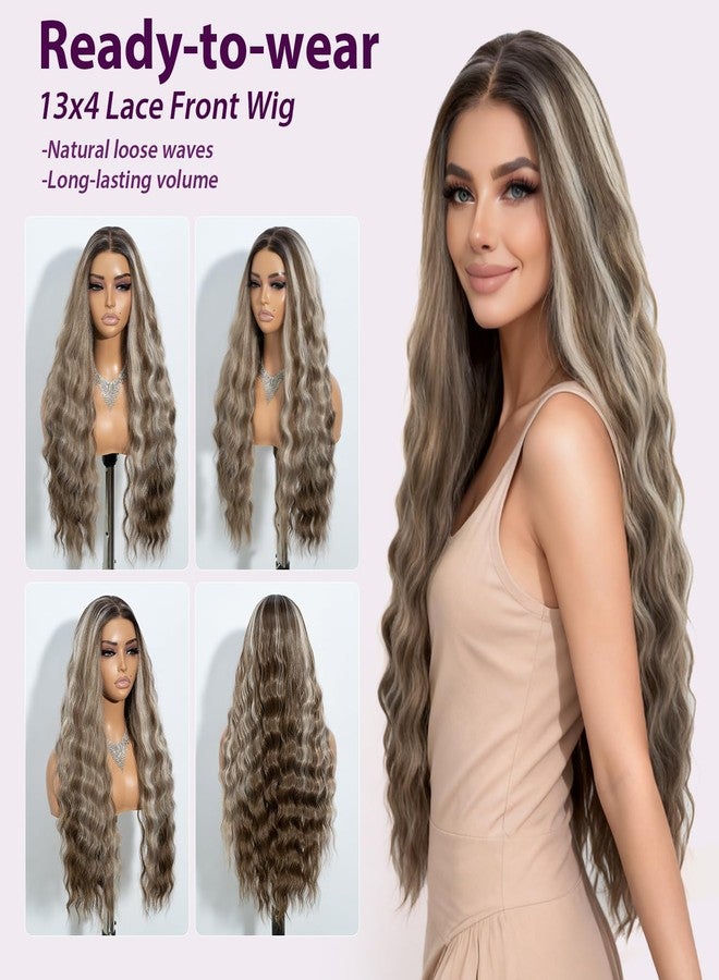 Joedir 28" Long Wavy 13x4 Glueless HD Lacefrontal Wigs Pre Plucked Natural Hairline High Temperature Synthetic Front Wigs For Women(Honey Blonde Highlight Color) - Image 4