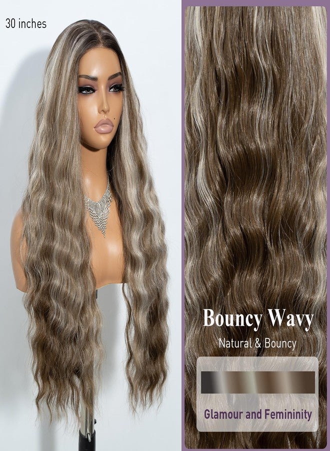 Joedir 28" Long Wavy 13x4 Glueless HD Lacefrontal Wigs Pre Plucked Natural Hairline High Temperature Synthetic Front Wigs For Women(Honey Blonde Highlight Color) - Image 2