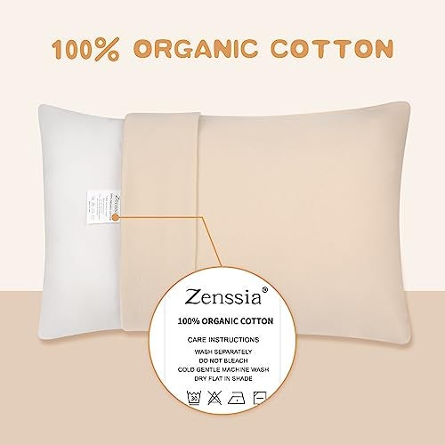 Zenssia Organic Cotton Toddler Pillowcase/Travel Pillowcase Pack of 2 Set 13x18 Inches with Envelope Closure - Soft & Breathable Baby Pillow Case Cover Solid Taupe - Image 2