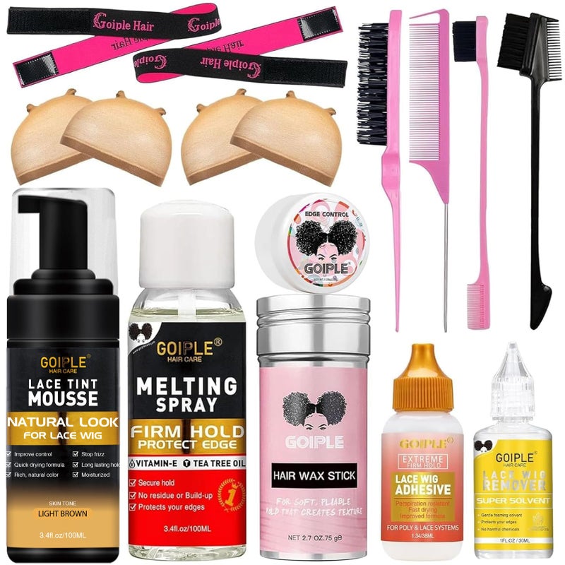 Goiple Lace Glue Kit Complete Set with Lace Tint Mousse, Lace Melting Spray Wig Glue for Women's Wigs and Hairpieces - Wig Installation Kit & Tape in Extension Rmover & Cap (Light Brown) - Image 1