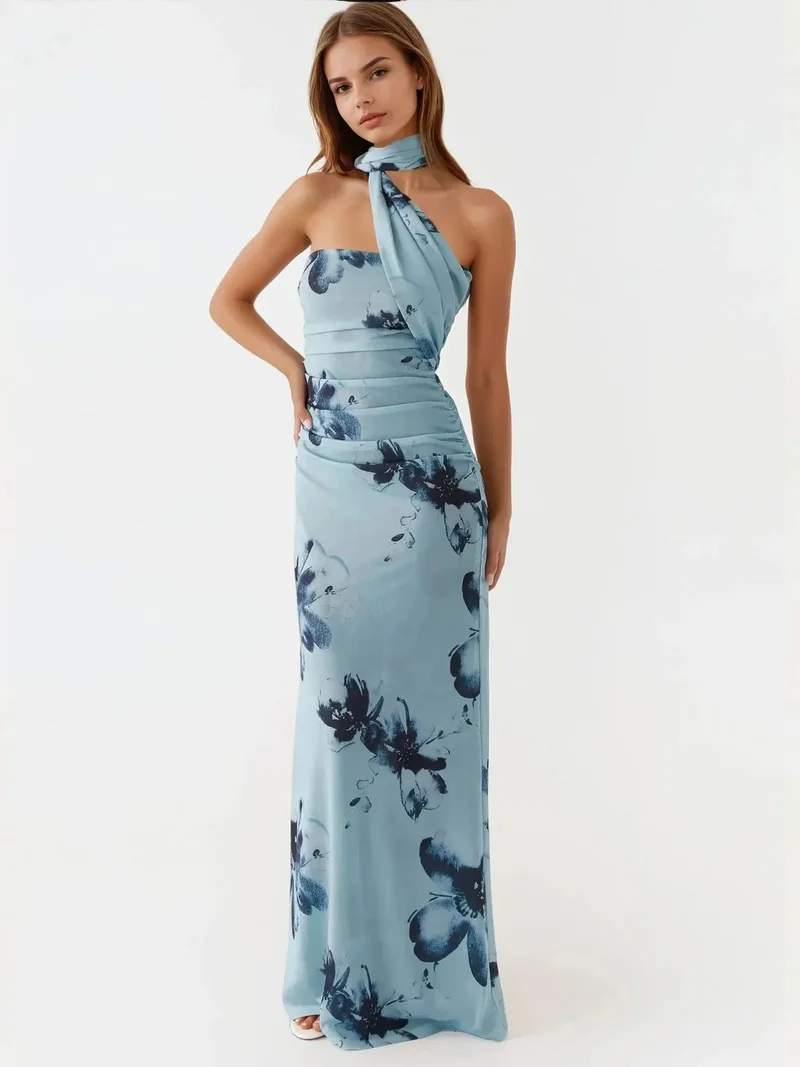 HICCUP sky blue Strapless Printed Bodycon Maxi Dress for Women | Best Price UAE