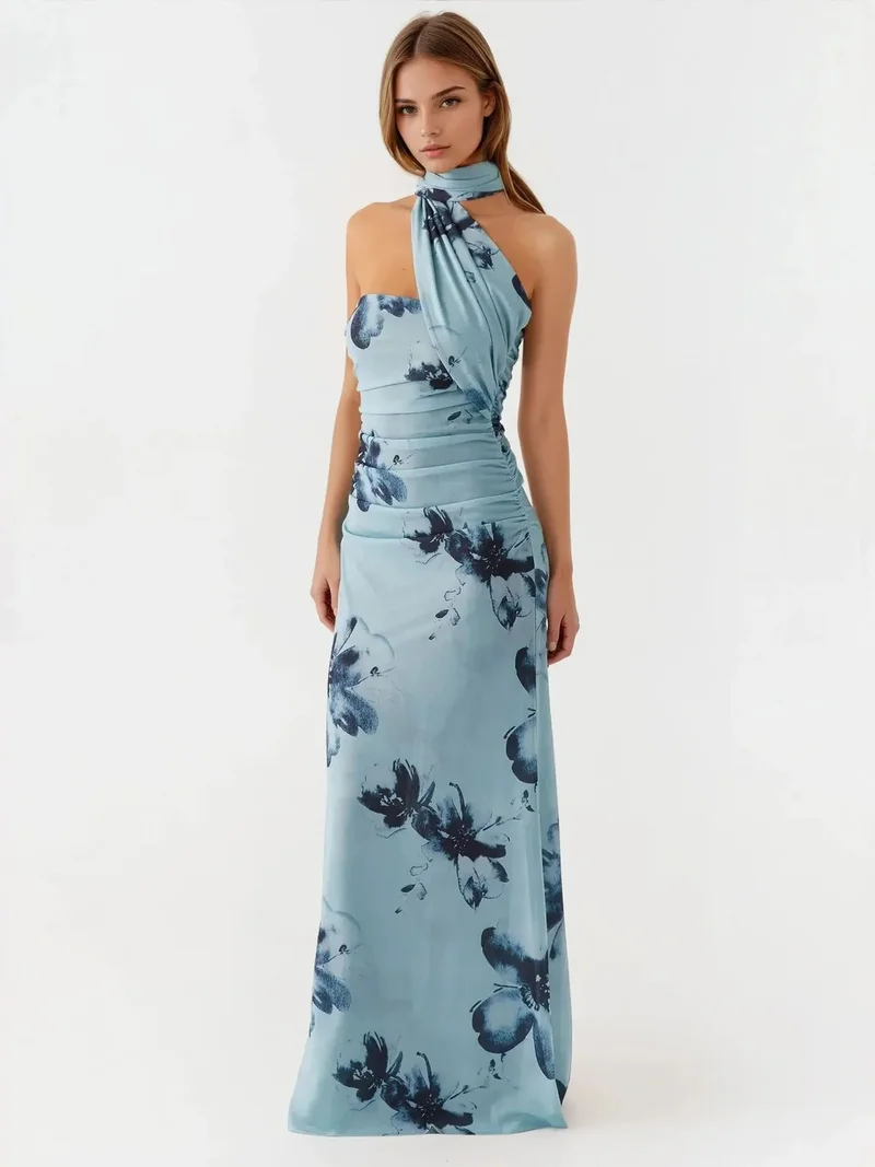 HICCUP sky blue Strapless Printed Bodycon Maxi Dress for Women | Best Price UAE