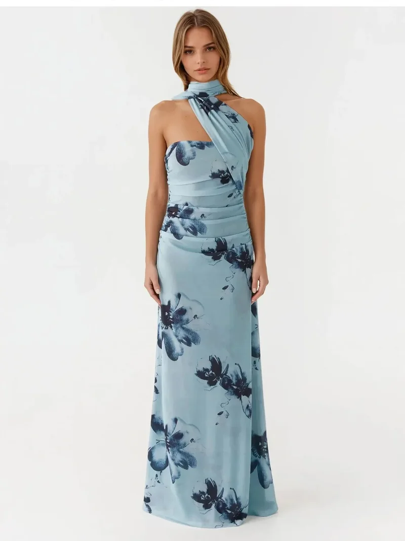 HICCUP sky blue Strapless Printed Bodycon Maxi Dress for Women | Best Price UAE