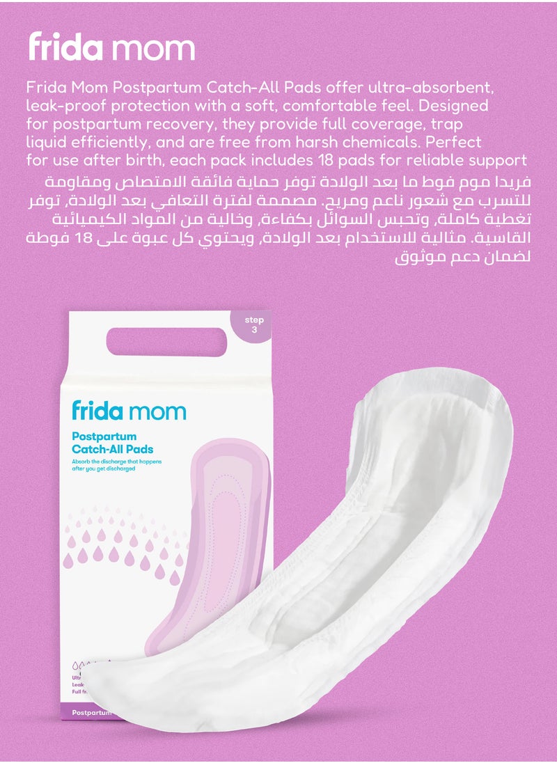 frida mom - Postpartum Catch-All Pads | 18 Count | Super Absorbent & Leak-Proof | Maternity Pads for Heavy Flow & Bladder Leaks | Soft & Fragrance-Free for Maximum Comfort - Image 1