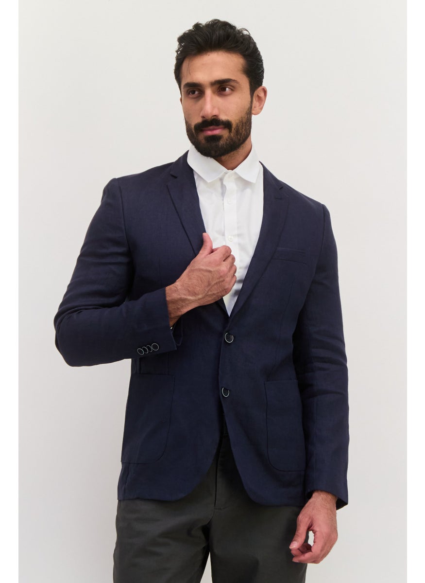 Jules Men Regular Fit Chambray Pattern Semi Formal Blazer, Navy  - Image 1