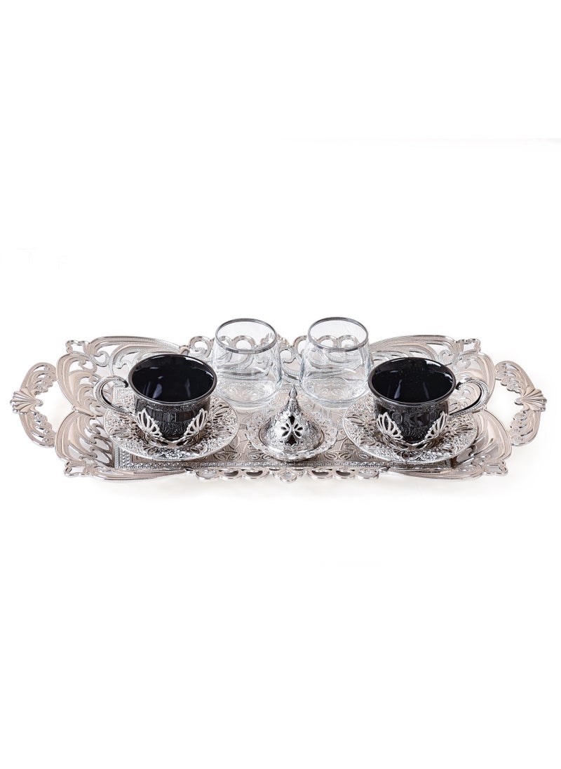 kitchen art Double coffee cup set for serving black porcelain (Turkish coffee cups and decorated tray. "9 pieces"  - Image 1