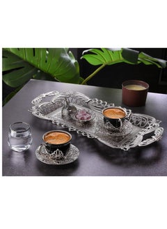 kitchen art Double coffee cup set for serving black porcelain (Turkish coffee cups and decorated tray. "9 pieces"  - Image 2