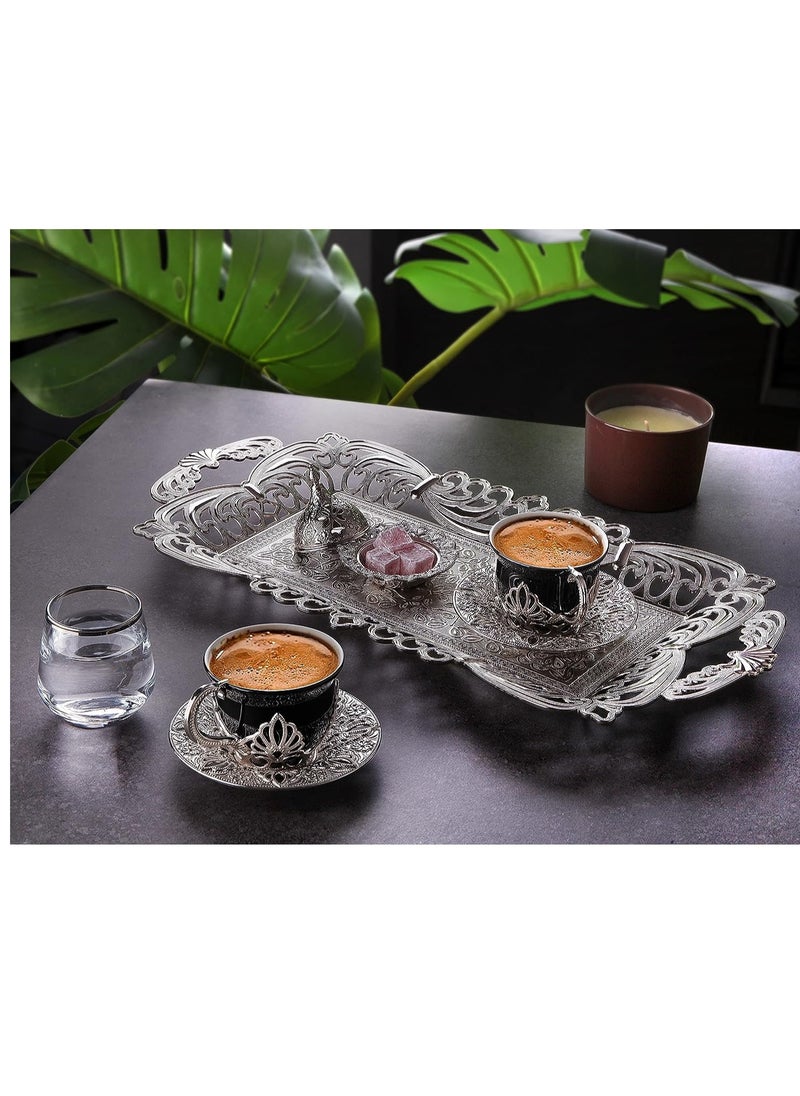 kitchen art Double coffee cup set for serving black porcelain (Turkish coffee cups and decorated tray. "9 pieces"  - Image 2