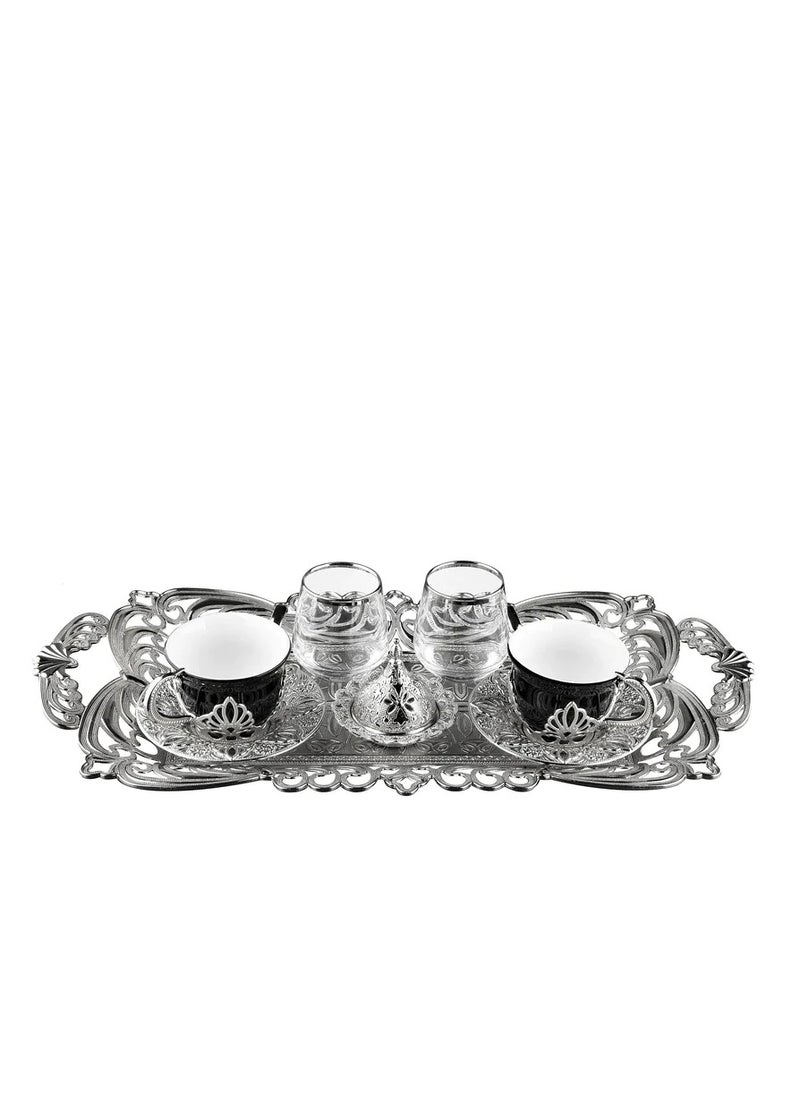 kitchen art Double coffee cup set for serving black porcelain (Turkish coffee cups and decorated tray. "9 pieces"  - Image 3